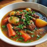 A bowl of hearty Irish food stew with beef, potatoes, carrots, and fresh parsley.