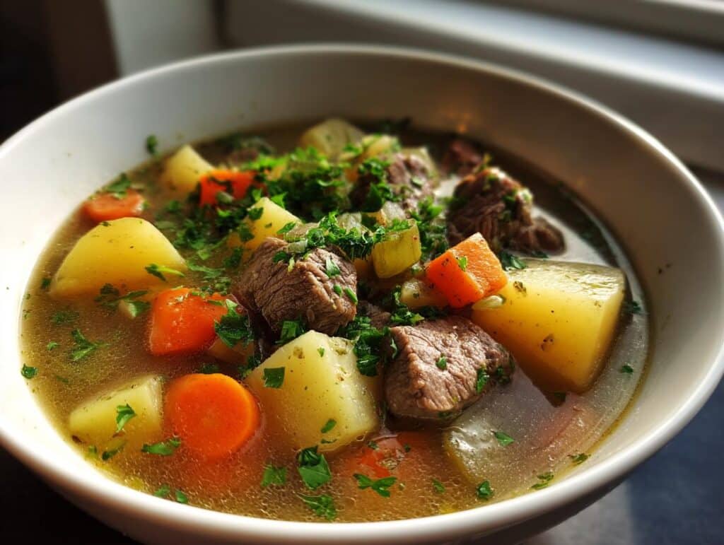 Close-up of a bowl of Irish food stew, featuring beef, potatoes, and carrots, garnished with fresh herbs.