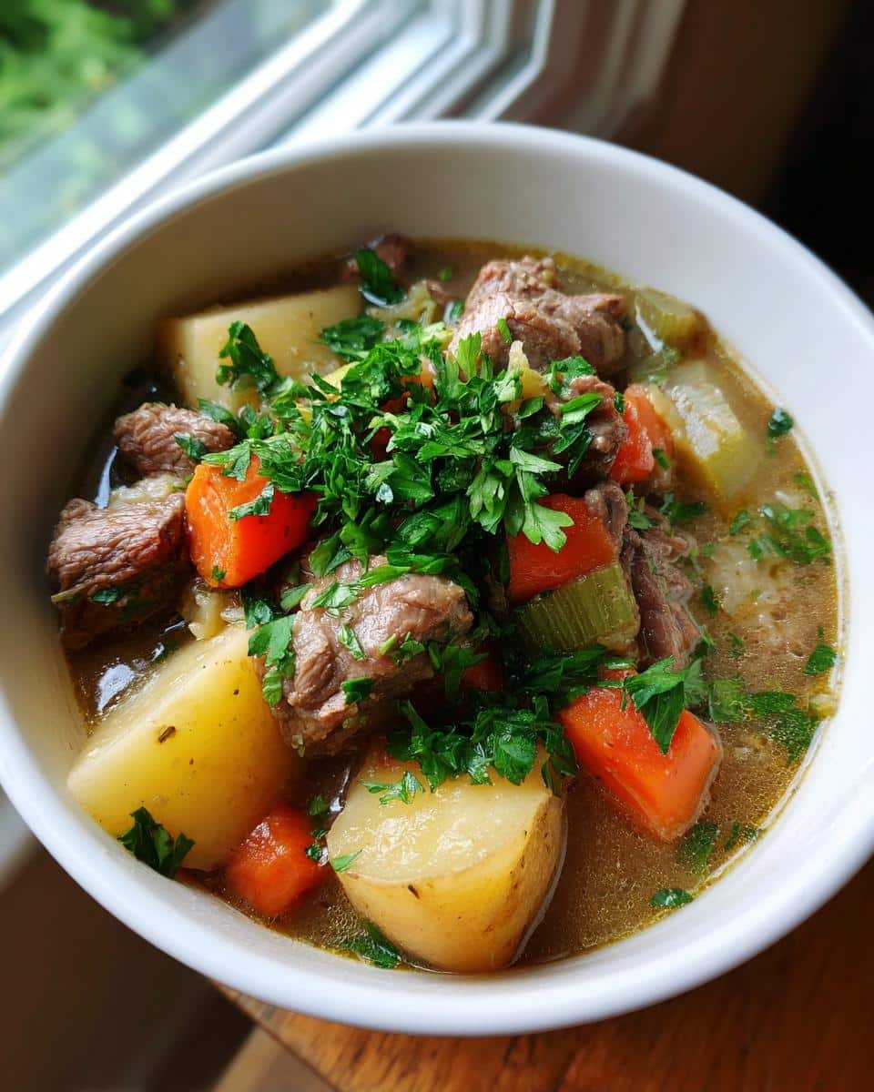 Unbelievably Simple Irish Food Stew in Under 2 Hours 6 Bowl of Irish food stew featuring beef, potatoes, carrots, celery, and parsley in a rich broth.