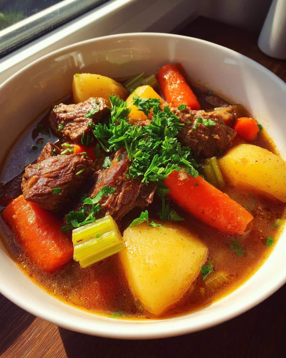 Unbelievably Simple Irish Food Stew in Under 2 Hours 7 Close-up of a bowl of Irish food stew with beef, potatoes, carrots, and celery, garnished with fresh parsley.