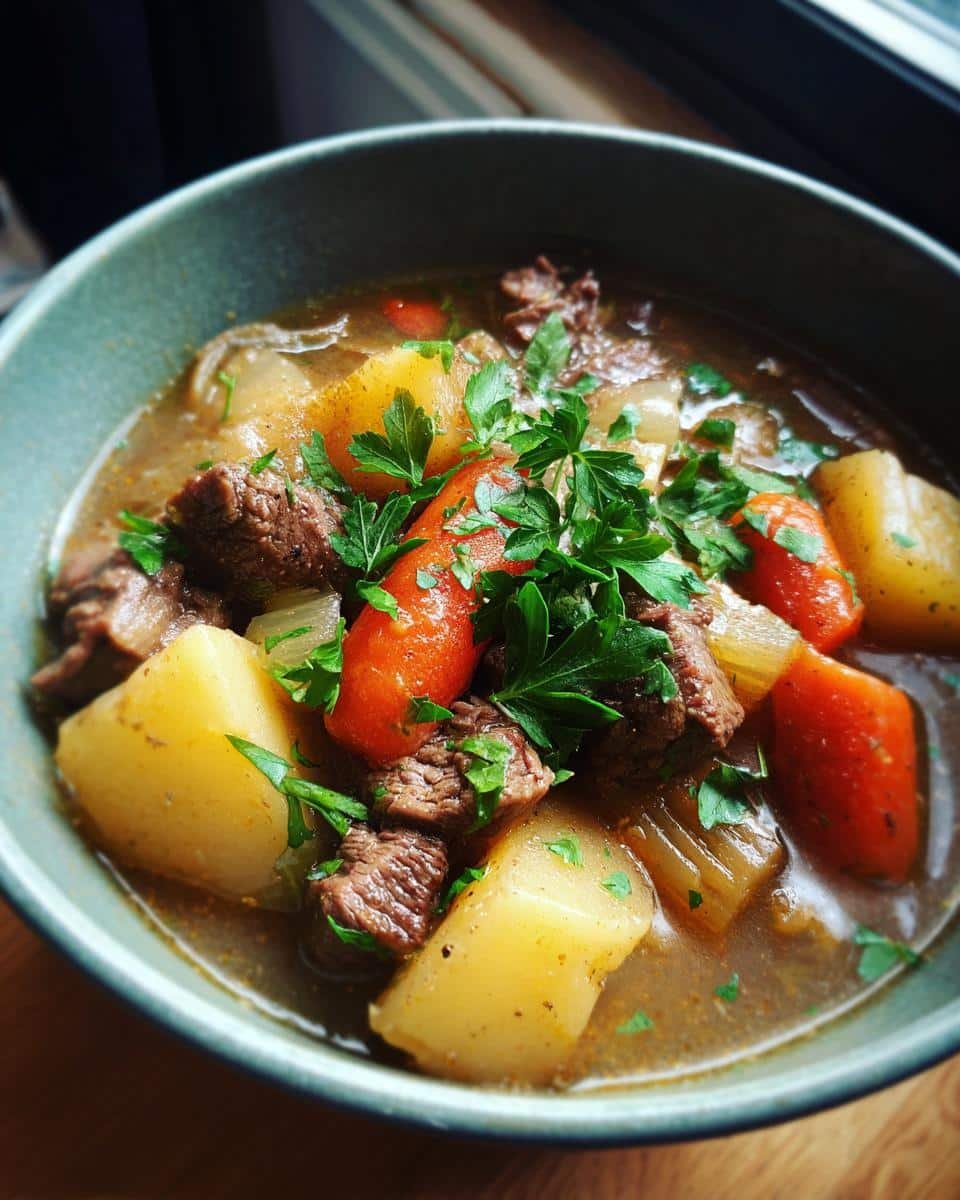 Unbelievably Simple Irish Food Stew in Under 2 Hours 8 Close-up of a bowl of Irish food stew, featuring beef, potatoes, carrots, and parsley garnish.
