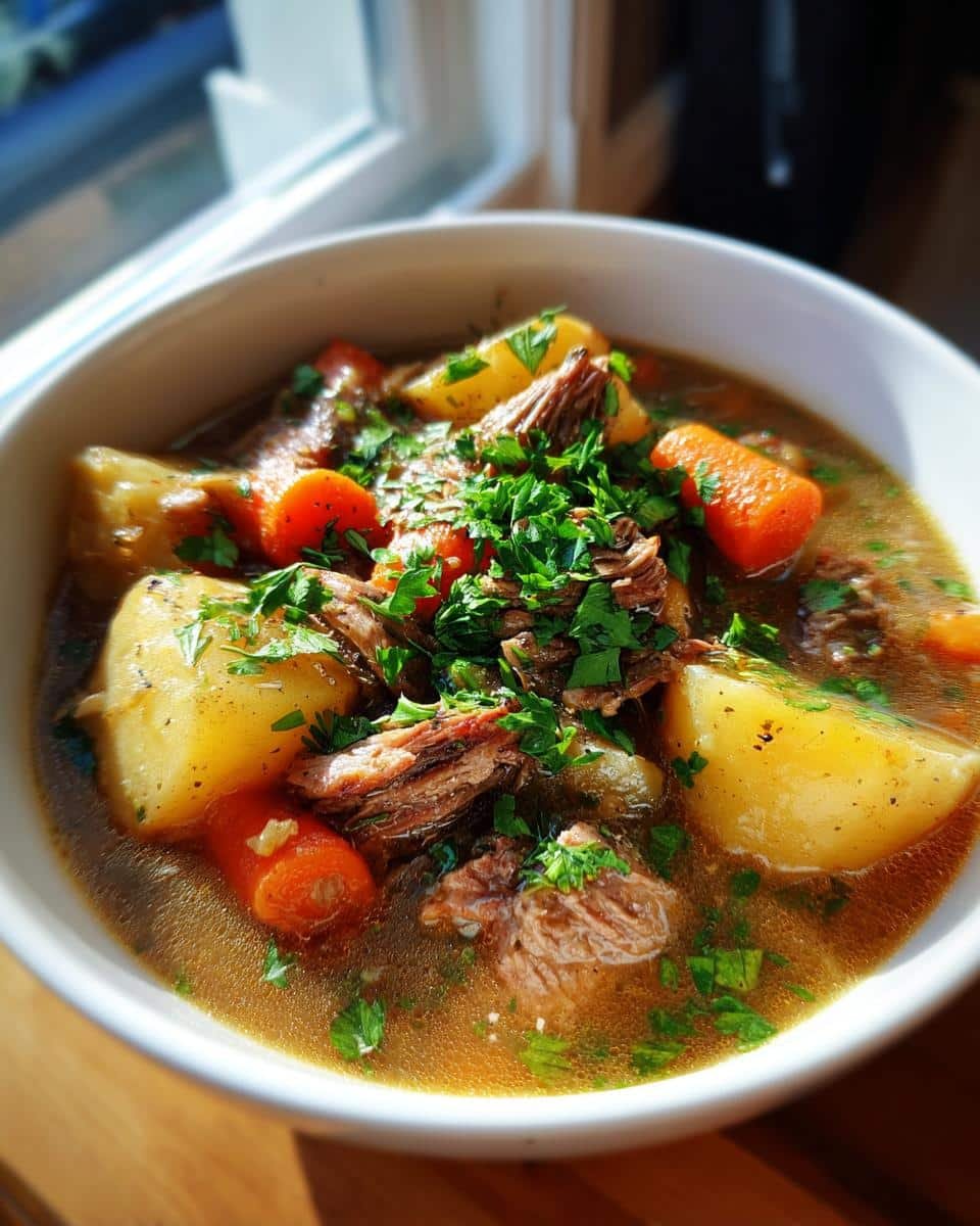 Unbelievably Simple Irish Food Stew in Under 2 Hours 9 Close-up of a bowl of Irish food stew with beef, potatoes, carrots, and fresh parsley.