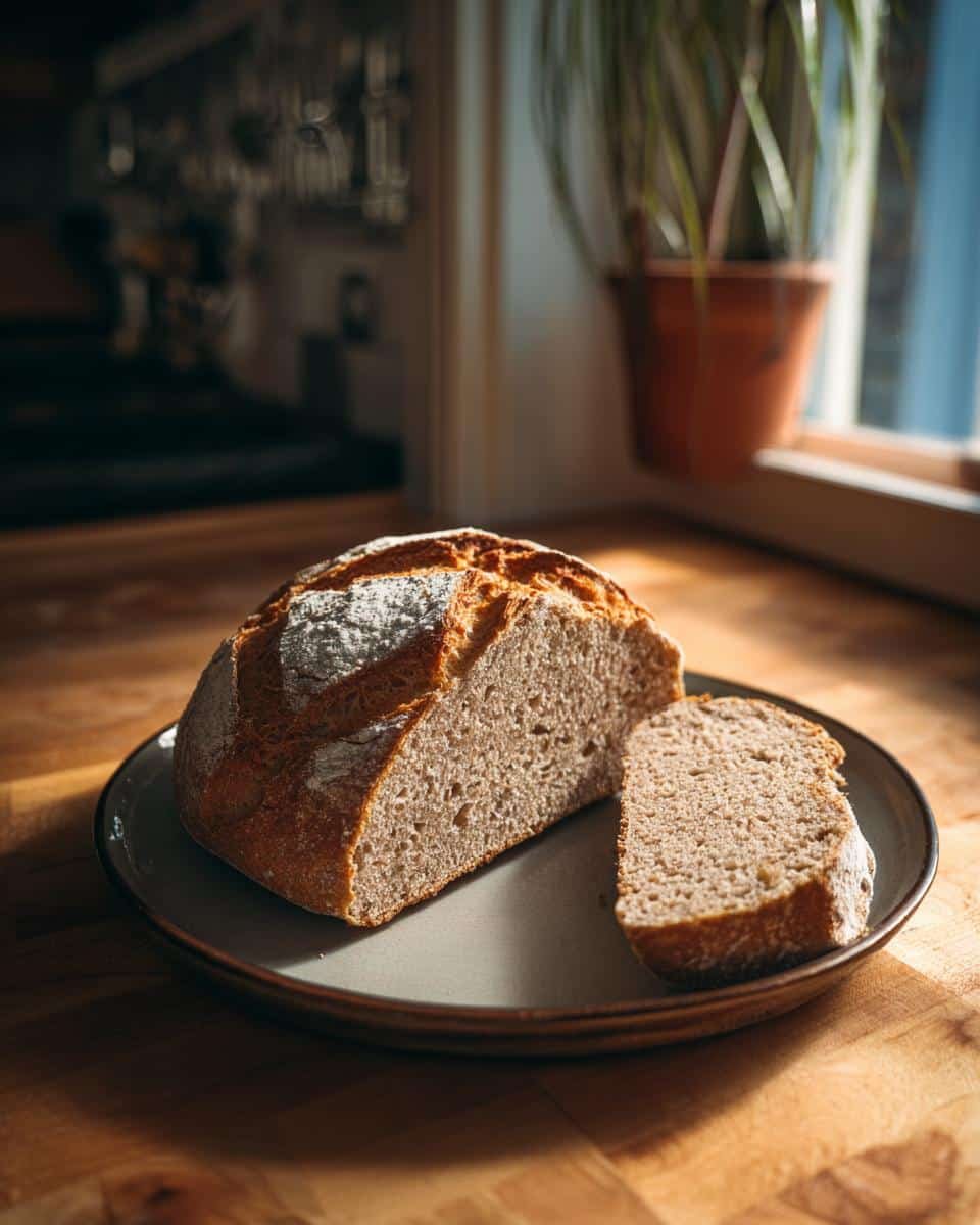 Flawless Irish Soda Bread Recipe in Just 40 Minutes 6 A loaf of Irish soda bread, partially sliced, sits on a plate, showcasing its texture.