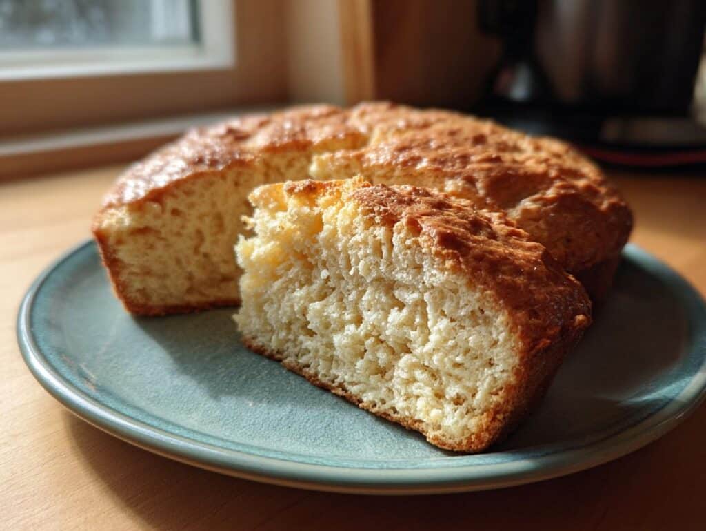 A loaf of Irish soda bread recipe on a blue plate, with a slice cut to show the crumb.