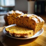 A sliced loaf of Irish soda bread recipe, dusted with flour, on a white plate.
