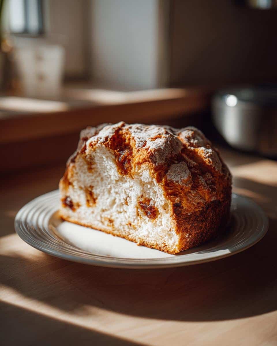 Flawless Irish Soda Bread Recipe in Just 40 Minutes 8 A slice of freshly baked Irish soda bread recipe on a plate, showcasing its crumbly texture and golden crust.