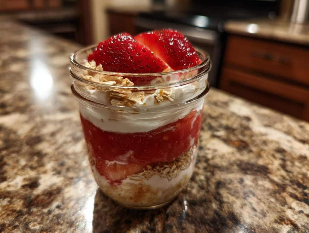 Jello strawberry cheesecake overnight oats layered in a glass jar, topped with fresh strawberries and oats.