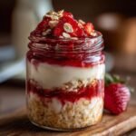 Layered jello strawberry cheesecake overnight oats in a glass jar, topped with fresh strawberries and oats.