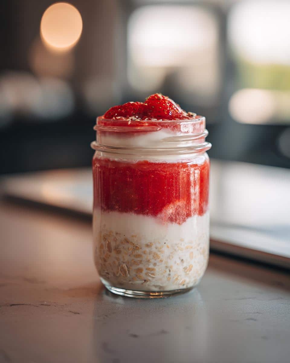 Devilish Jello Strawberry Cheesecake Overnight Oats in 5 9 Layered jello strawberry cheesecake overnight oats in a glass jar, topped with fresh strawberries.