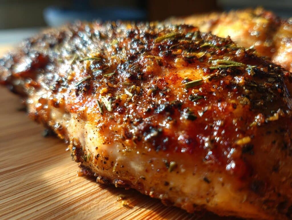 Close-up of a seasoned and cooked chicken breast recipe on a wooden board, showcasing its golden-brown crust and herb garnish.
