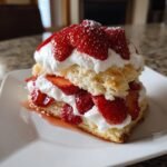 A two-layer strawberry shortcake with fresh strawberries and whipped cream on a white plate. Perfect strawberry shortcake dessert.