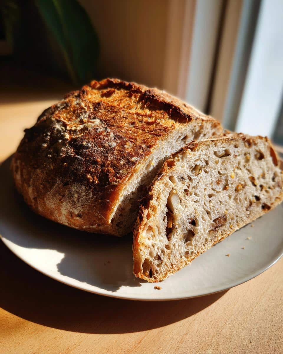 Lemon Blueberry Sourdough Bread: Dazzling Recipe 6 A loaf of Lemon Blueberry Sourdough Bread with a slice cut, showing the texture and blueberries.