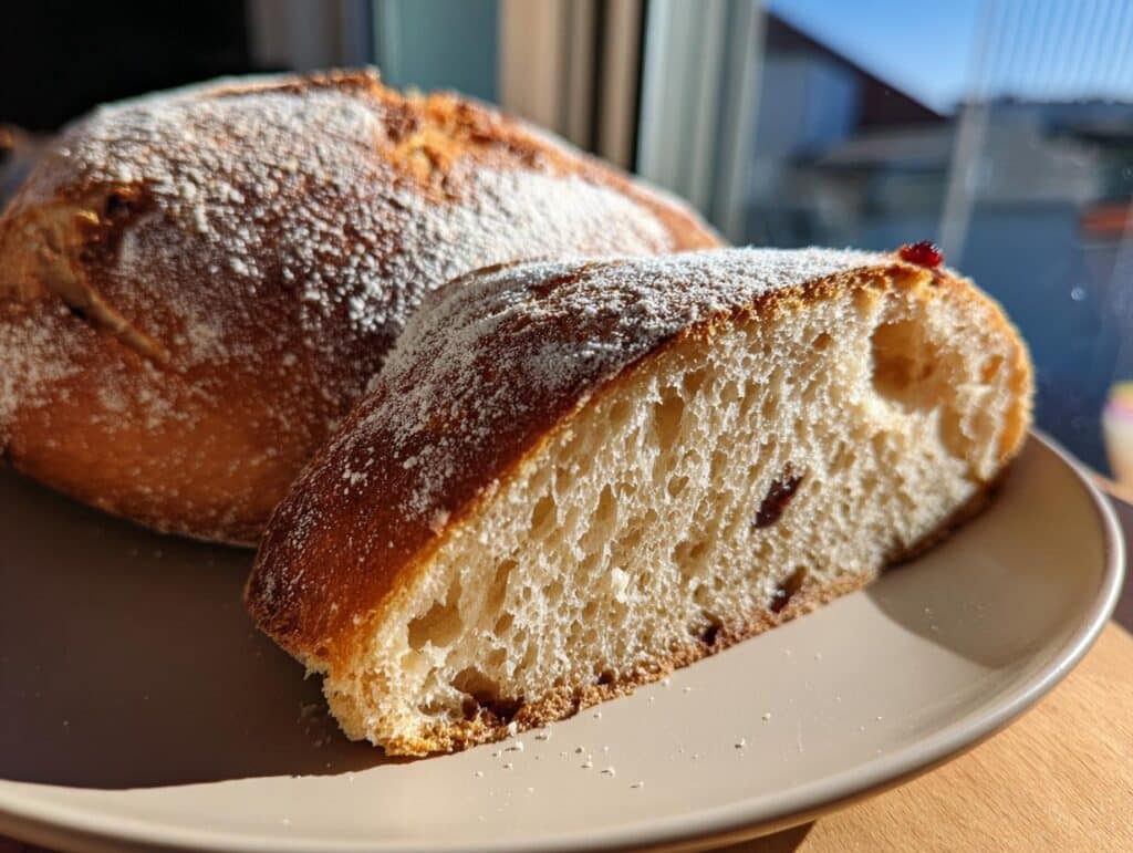 A slice of lemon blueberry sourdough bread on a plate, showcasing its texture and blueberries.