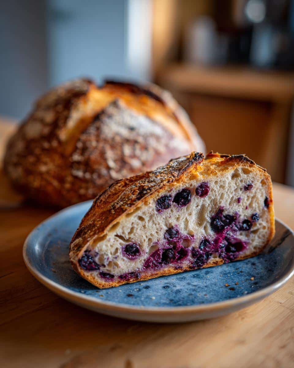 Lemon Blueberry Sourdough Bread: Dazzling Recipe 9 A slice of lemon blueberry sourdough bread on a blue plate, showcasing the blueberries and crust.