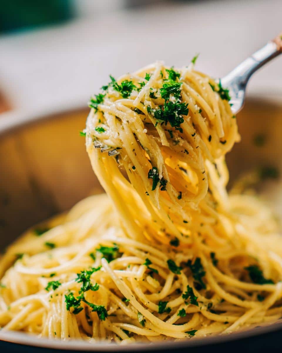 Zingy Lemon Capellini Salad Recipe in Under 20 Minutes 8 Close-up of Lemon Capellini Salad being lifted with a fork, showing pasta and fresh herbs.