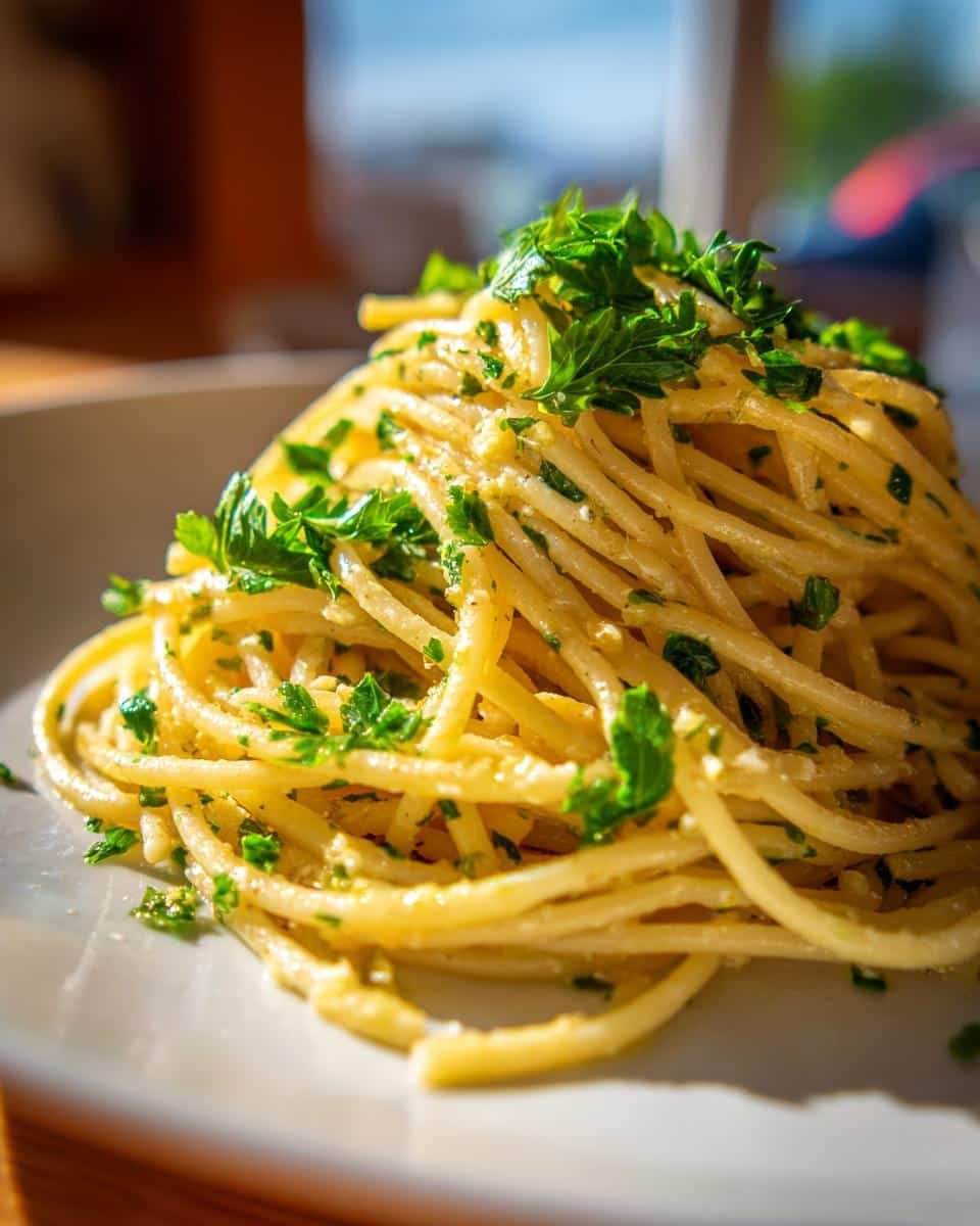 Zingy Lemon Capellini Salad Recipe in Under 20 Minutes 6 Close-up of Lemon Capellini Salad, featuring capellini pasta tossed in lemon sauce and topped with fresh parsley.