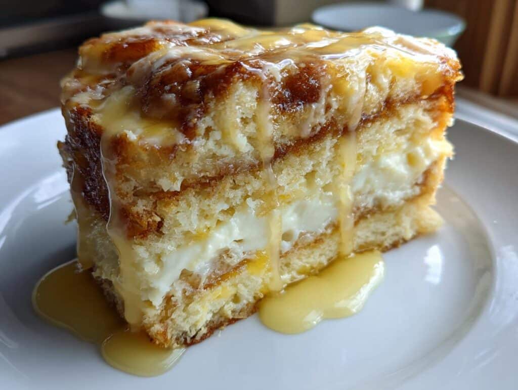 A slice of Lemon Cream Cheese Dump Cake with lemon glaze dripping down the sides on a white plate.