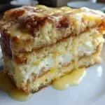 A slice of Lemon Cream Cheese Dump Cake with lemon glaze dripping down the sides on a white plate.