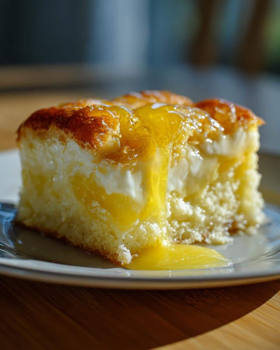 Lemon Cream Cheese Dump Cake: A Sinful 4-Ingredient Joy 6 A slice of Lemon Cream Cheese Dump Cake with lemon topping dripping down the side, sitting on a plate.