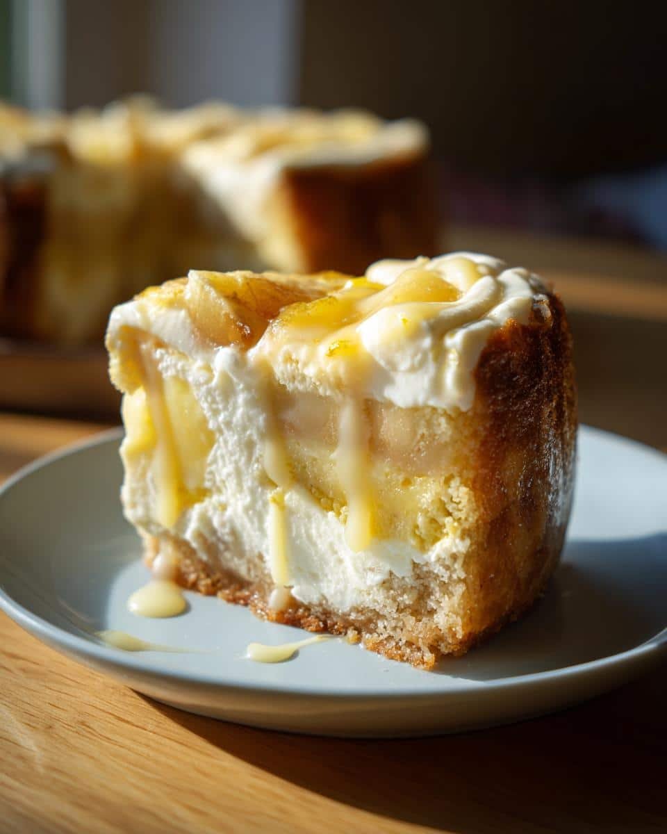 Lemon Cream Cheese Dump Cake: A Sinful 4-Ingredient Joy 7 A delicious slice of Lemon Cream Cheese Dump Cake with lemon drizzle on a plate.