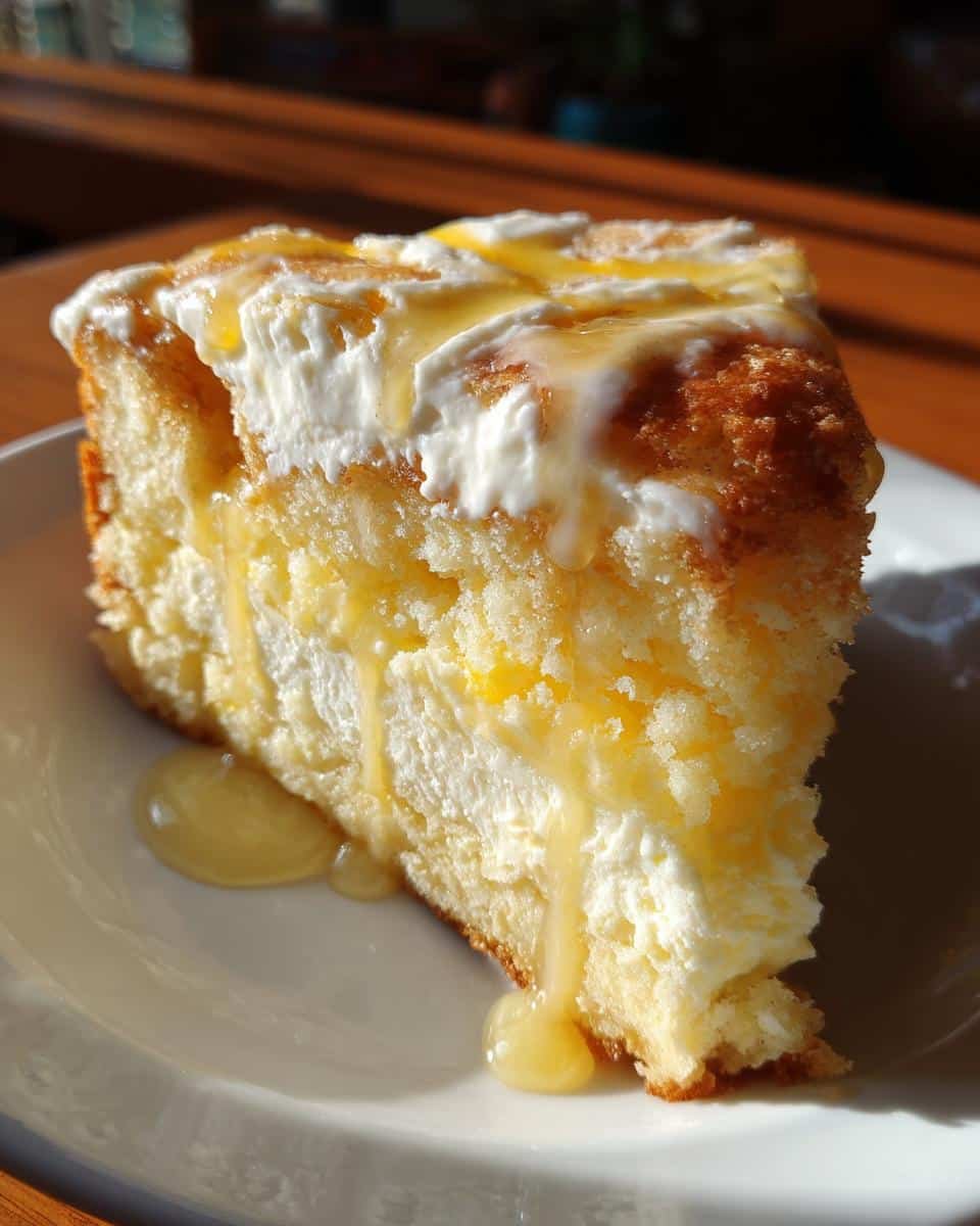 Lemon Cream Cheese Dump Cake: A Sinful 4-Ingredient Joy 8 A slice of Lemon Cream Cheese Dump Cake, topped with cream cheese and lemon drizzle on a white plate.