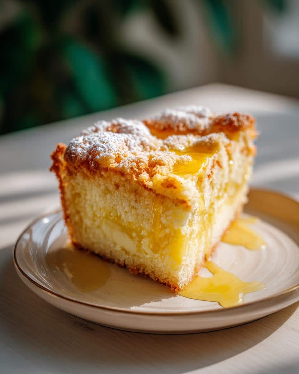 Lemon Cream Cheese Dump Cake: A Sinful 4-Ingredient Joy 9 A slice of Lemon Cream Cheese Dump Cake drizzled with lemon sauce and dusted with powdered sugar.