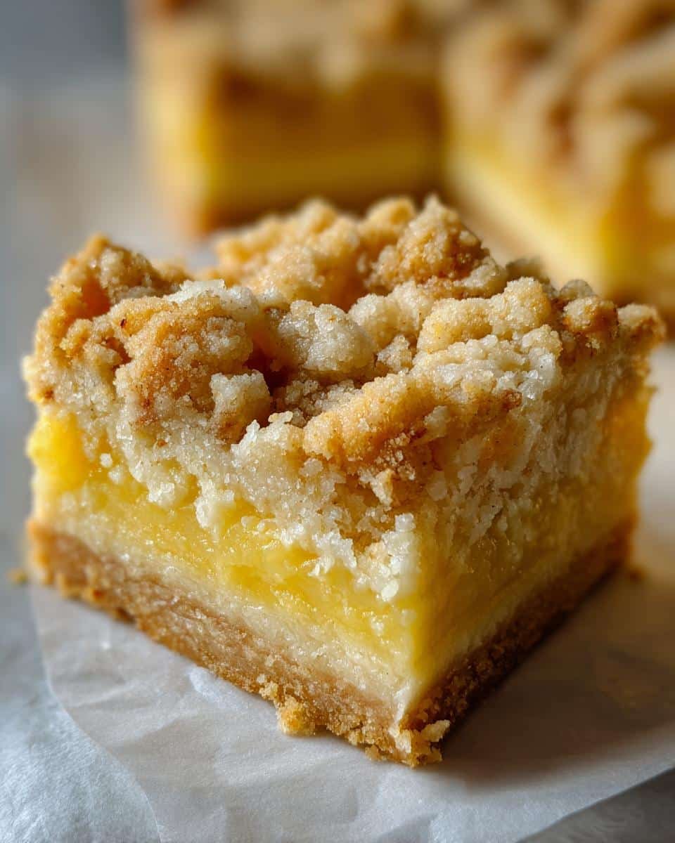 Irresistible Lemon Crumb Bars: A Blissful Recipe 7 A close-up of a single Lemon Crumb Bar, showcasing its layers of crust, lemon filling, and crumb topping.