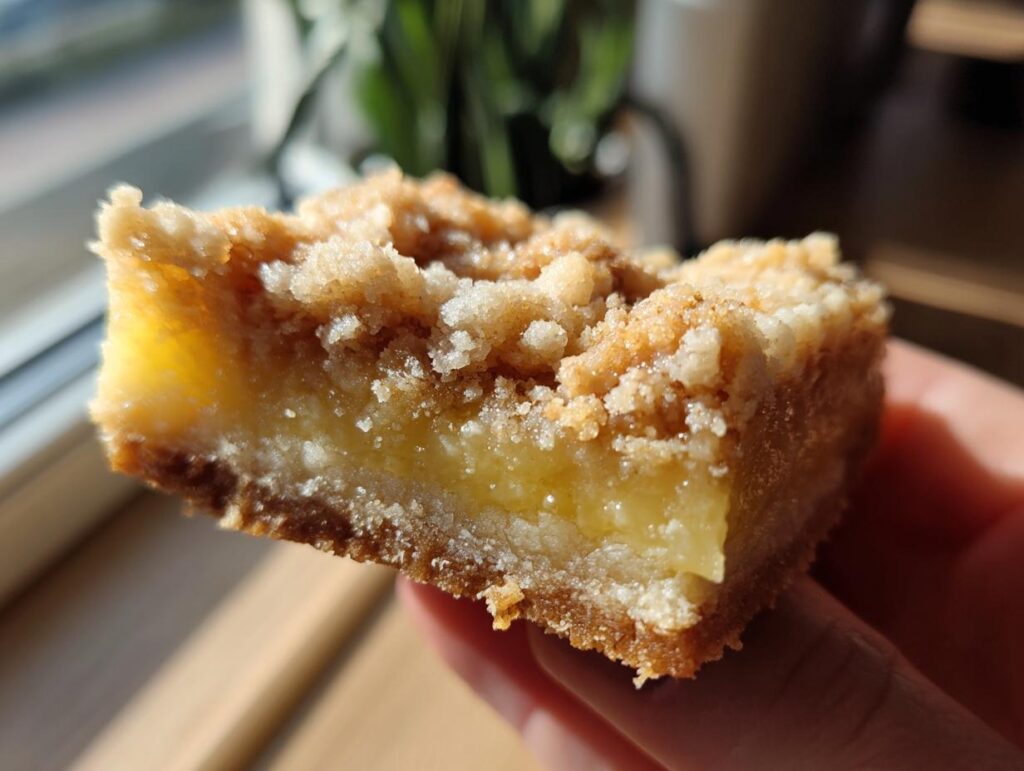 A close-up shot of a lemon crumb bar, showcasing the layers of crust, lemon filling, and crumb topping.