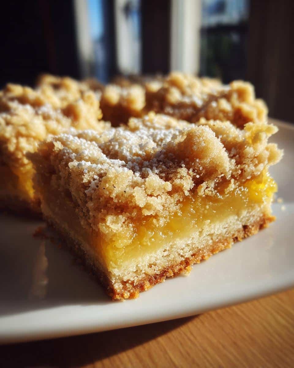 Irresistible Lemon Crumb Bars: A Blissful Recipe 8 Close-up of freshly baked Lemon Crumb Bars on a white plate, showcasing the crumb topping and lemon filling.