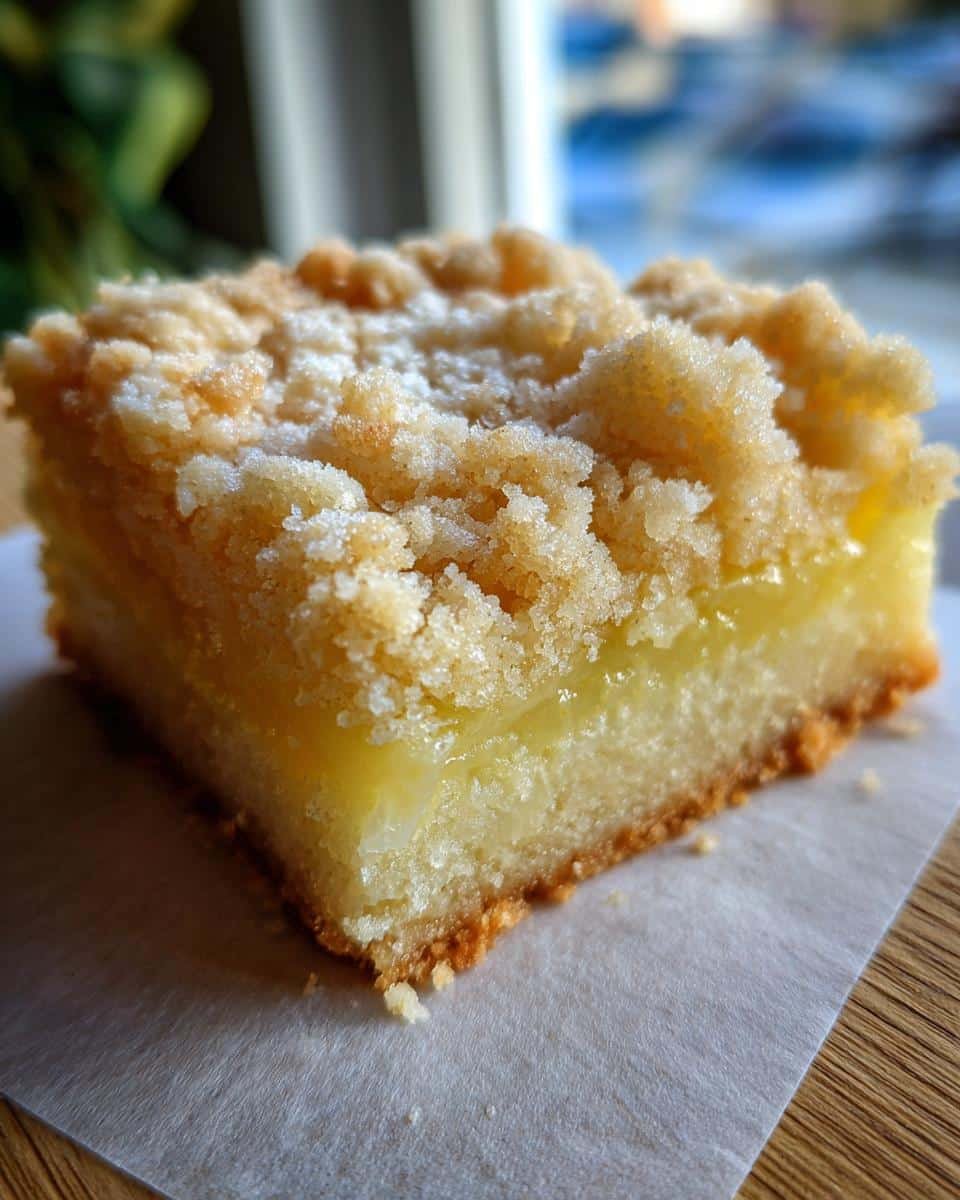 Irresistible Lemon Crumb Bars: A Blissful Recipe 9 A single lemon crumb bar showcasing the crumb topping and lemon filling.
