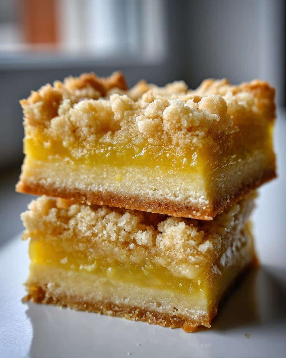 Irresistible Lemon Crumb Bars: A Blissful Recipe 6 Two lemon crumb bars stacked on top of each other, showcasing the layers of crust, lemon filling, and crumb topping.