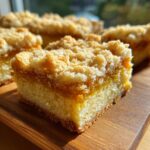 Close-up of homemade Lemon Crumb Bars on a wooden board, showcasing the crumb topping and lemon filling.