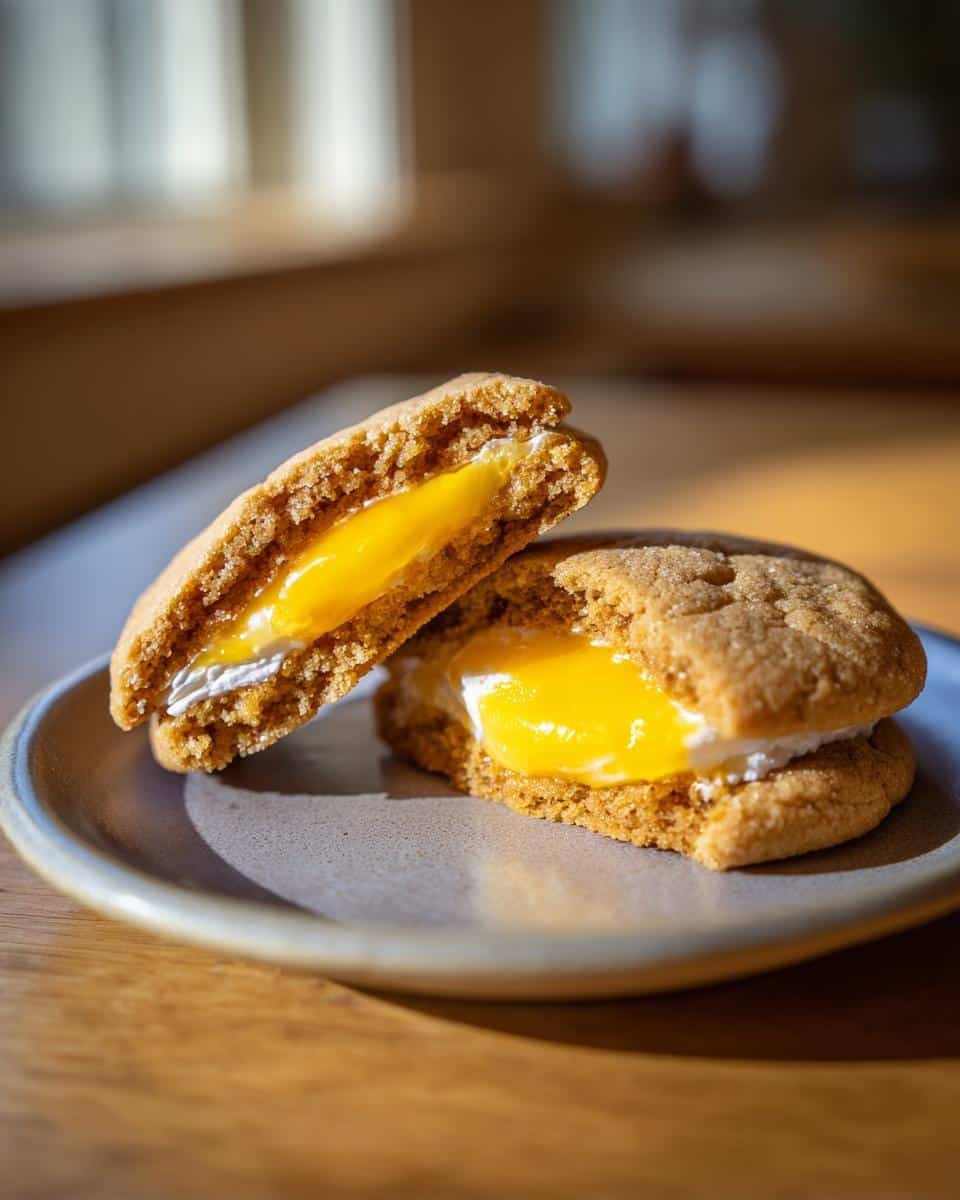 Irresistible Lemon Curd Cookies in Just 8 Steps 9 Two Lemon Curd Cookies on a plate, one cut in half to show the lemon curd and cream filling.