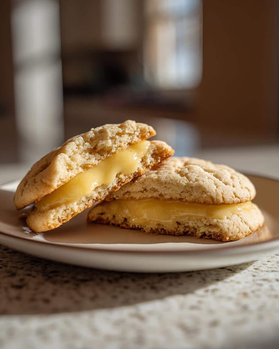 Irresistible Lemon Curd Cookies in Just 8 Steps 7 Close-up of stacked Lemon Curd Cookies on a plate, showcasing the creamy lemon filling.