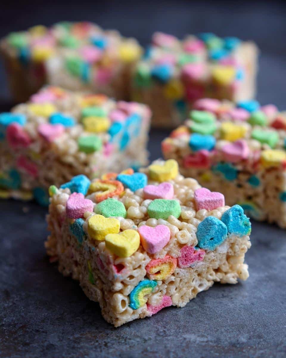 Irresistible Lucky Charms Rice Crispy Treats in 15 Minutes 7 Close-up of Lucky Charms rice crispy treats, featuring colorful marshmallow shapes on top.