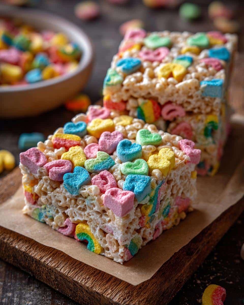 Irresistible Lucky Charms Rice Crispy Treats in 15 Minutes 6 Two squares of Lucky Charms rice crispy treats with colorful marshmallows on a wooden board.