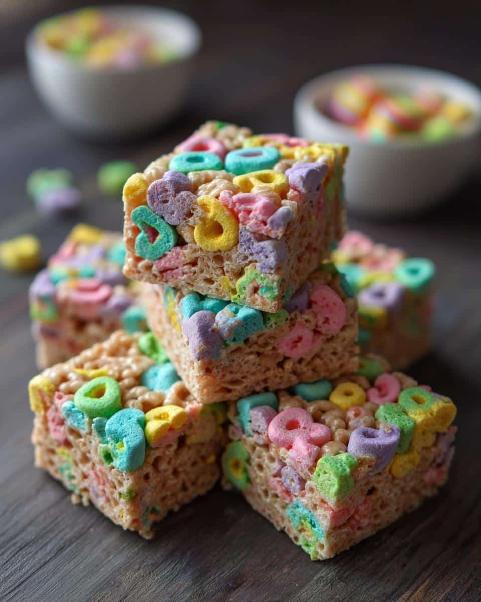 Irresistible Lucky Charms Rice Crispy Treats in 15 Minutes 8 A stack of colorful Lucky Charms rice crispy treats with marshmallow charms on a dark wood surface.