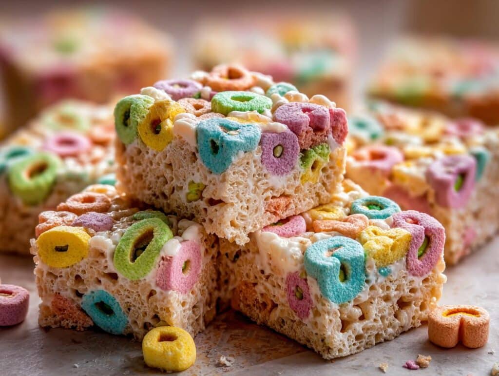 A stack of colorful Lucky Charms rice crispy treats featuring cereal and marshmallows.