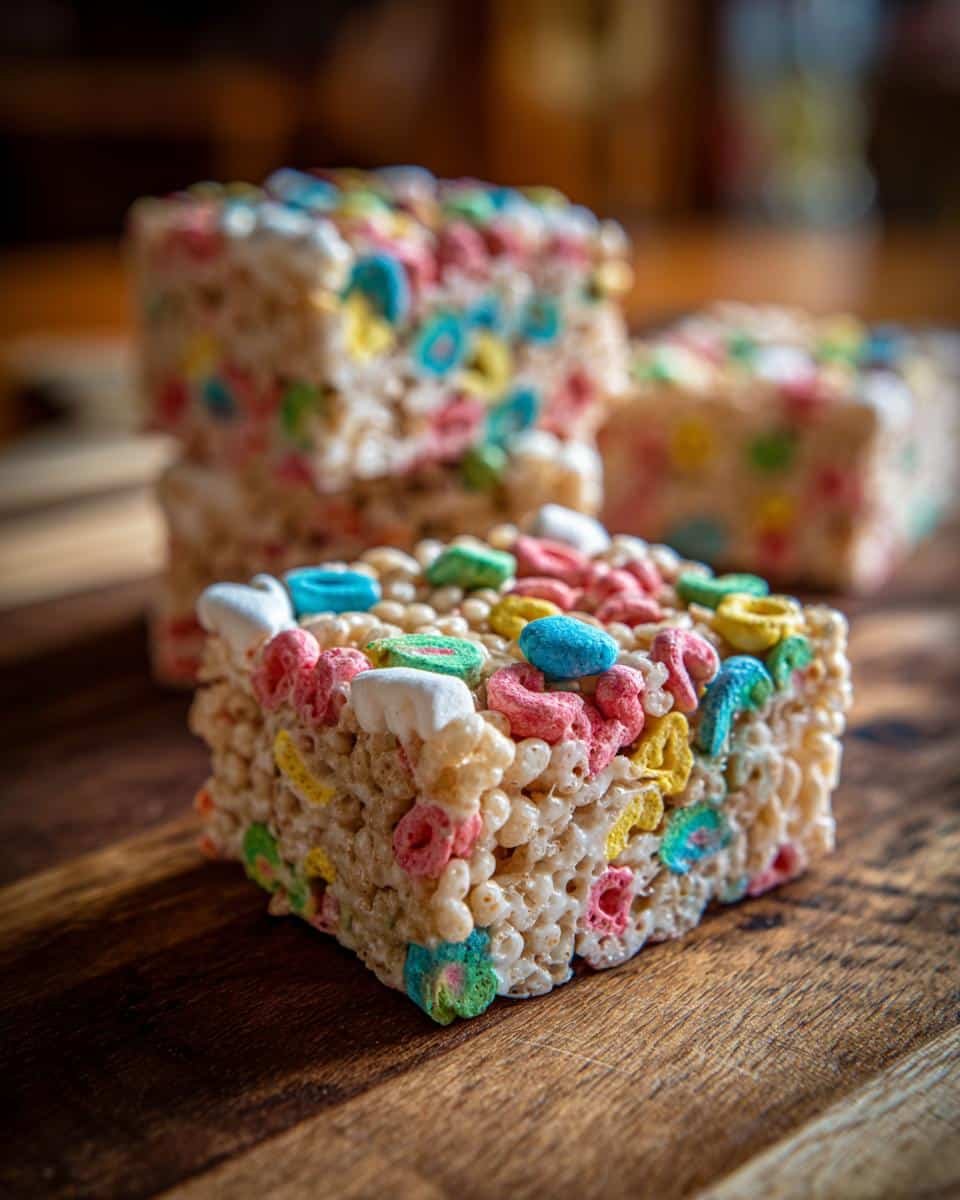 Irresistible Lucky Charms Rice Crispy Treats in 15 Minutes 9 A stack of colorful Lucky Charms rice crispy treats on a wooden surface. Close-up shot.