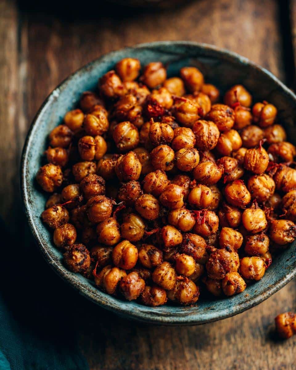 Irresistible Marry Me Chickpeas in Just 20 Minutes 6 Close-up of a bowl filled with seasoned and roasted Marry Me Chickpeas on a wooden surface.
