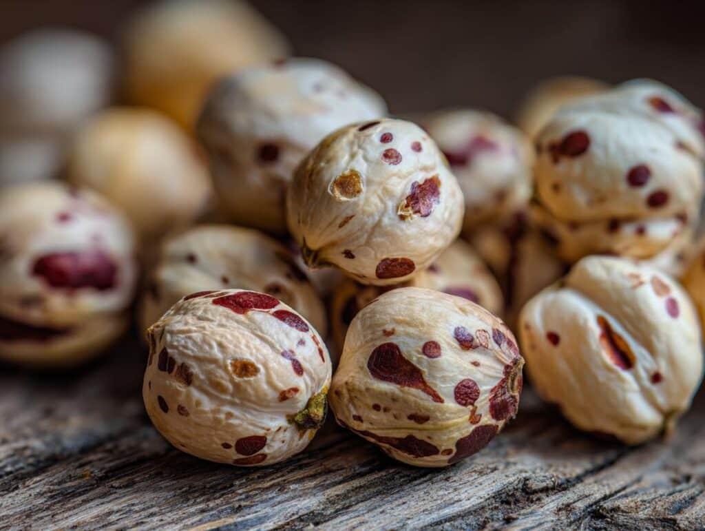 Detailed close-up of Marry Me Chickpeas, showcasing their unique speckled appearance on a rustic wooden surface.