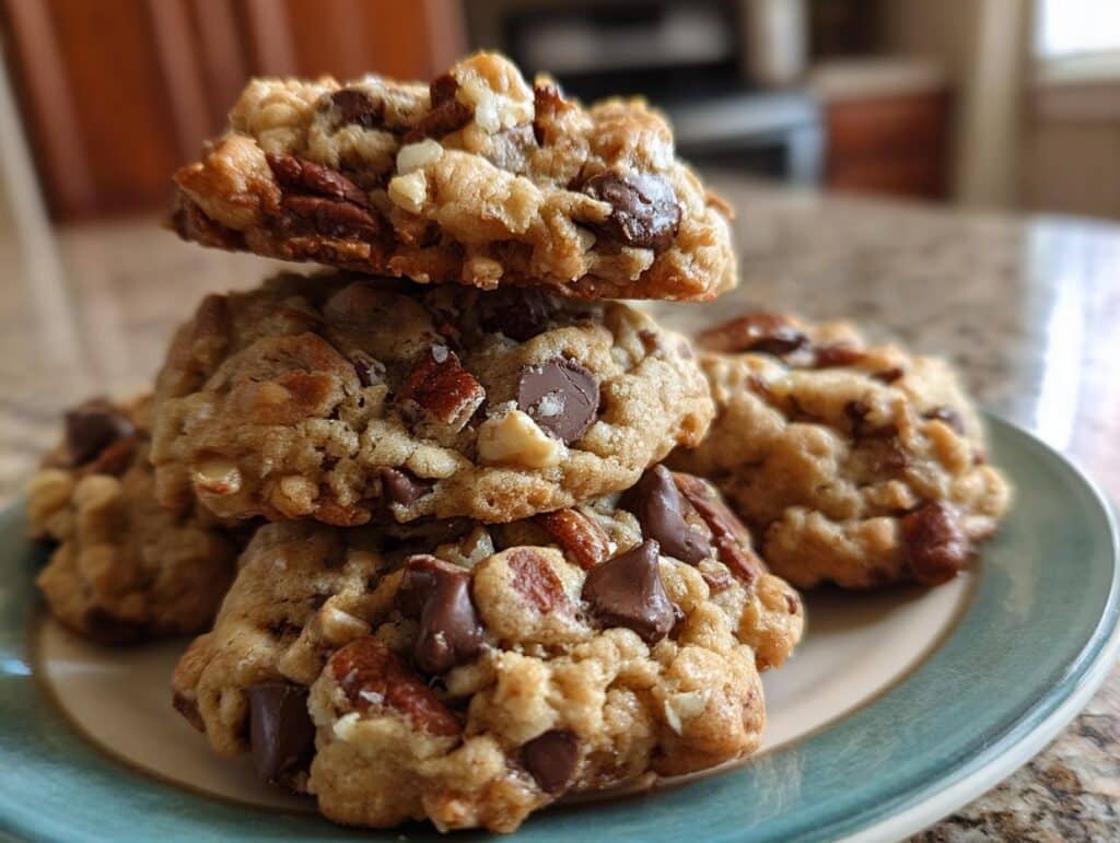 A stack of four freshly baked Marry Me Cookies, loaded with chocolate chips and pecans, on a plate.