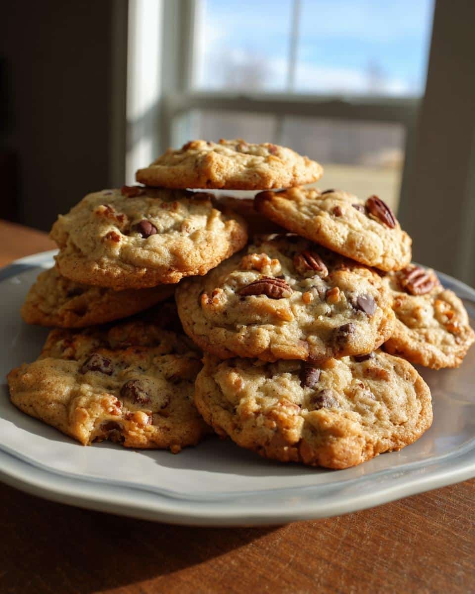 Irresistible Marry Me Cookies: 4 Tips for the Best! 7 A stack of tempting Marry Me Cookies with chocolate chips and pecans on a gray plate.