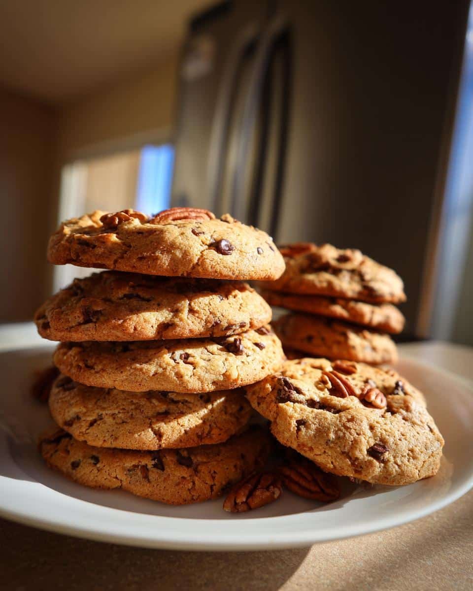 Irresistible Marry Me Cookies: 4 Tips for the Best! 9 A tempting stack of homemade Marry Me Cookies with chocolate chips and pecan nuts on a white plate.