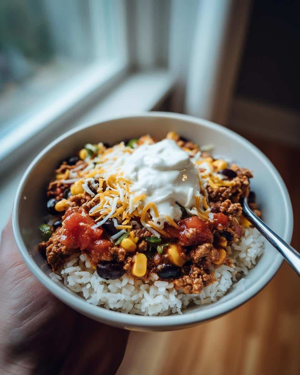 Mexican Beef Rice Bowls: Ditch Takeout in Just 15 Min 7 A delicious Mexican beef rice bowl topped with cheese, sour cream, salsa, corn, and black beans.
