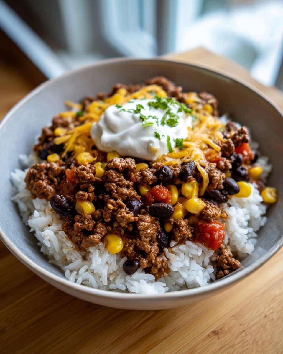 Mexican Beef Rice Bowls: Ditch Takeout in Just 15 Min 8 A delicious Mexican beef rice bowl topped with beef, corn, black beans, cheese, and sour cream.