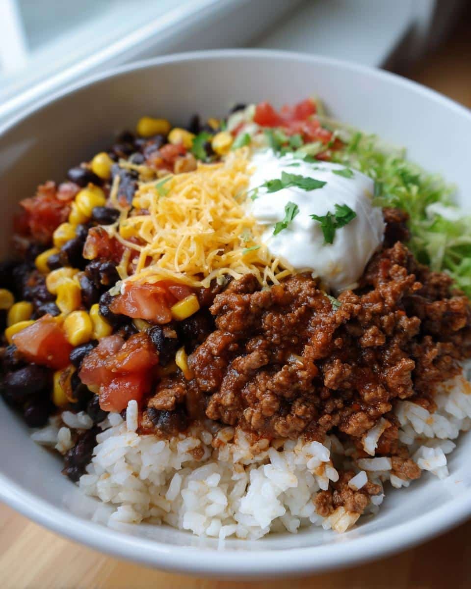 Mexican Beef Rice Bowls: Ditch Takeout in Just 15 Min 9 Overhead view of a Mexican beef rice bowl with rice, beef, beans, corn, tomatoes, cheese, sour cream, and lettuce.
