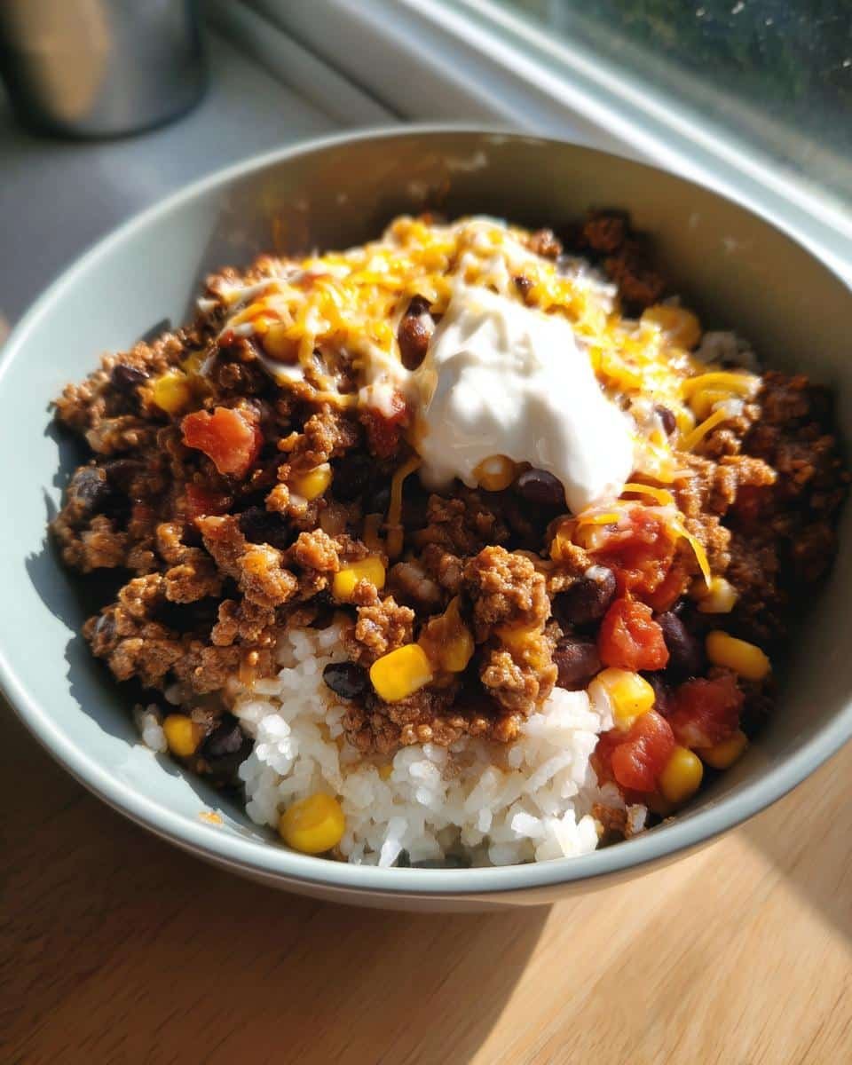 Mexican Beef Rice Bowls: Ditch Takeout in Just 15 Min 6 A delicious bowl of Mexican beef rice bowls with rice, beef, corn, beans, and sour cream.