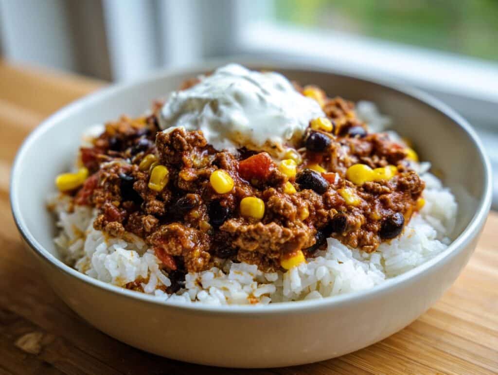 A delicious Mexican beef rice bowl topped with sour cream, corn, and black beans.