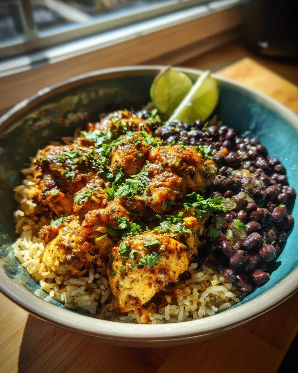 Mexican Chicken, Black Beans, Rice: Delicious in 40 Min 6 A vibrant bowl of Mexican chicken, black beans, and rice, garnished with cilantro and lime wedges.